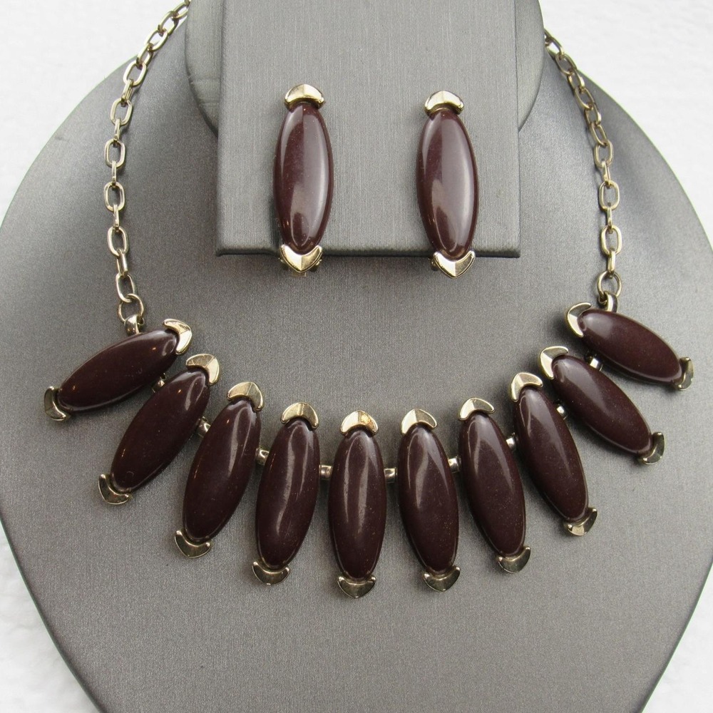 Vintage Modernist Brown Thermoset Necklace Earrings Set Gold Tone Mod Statement